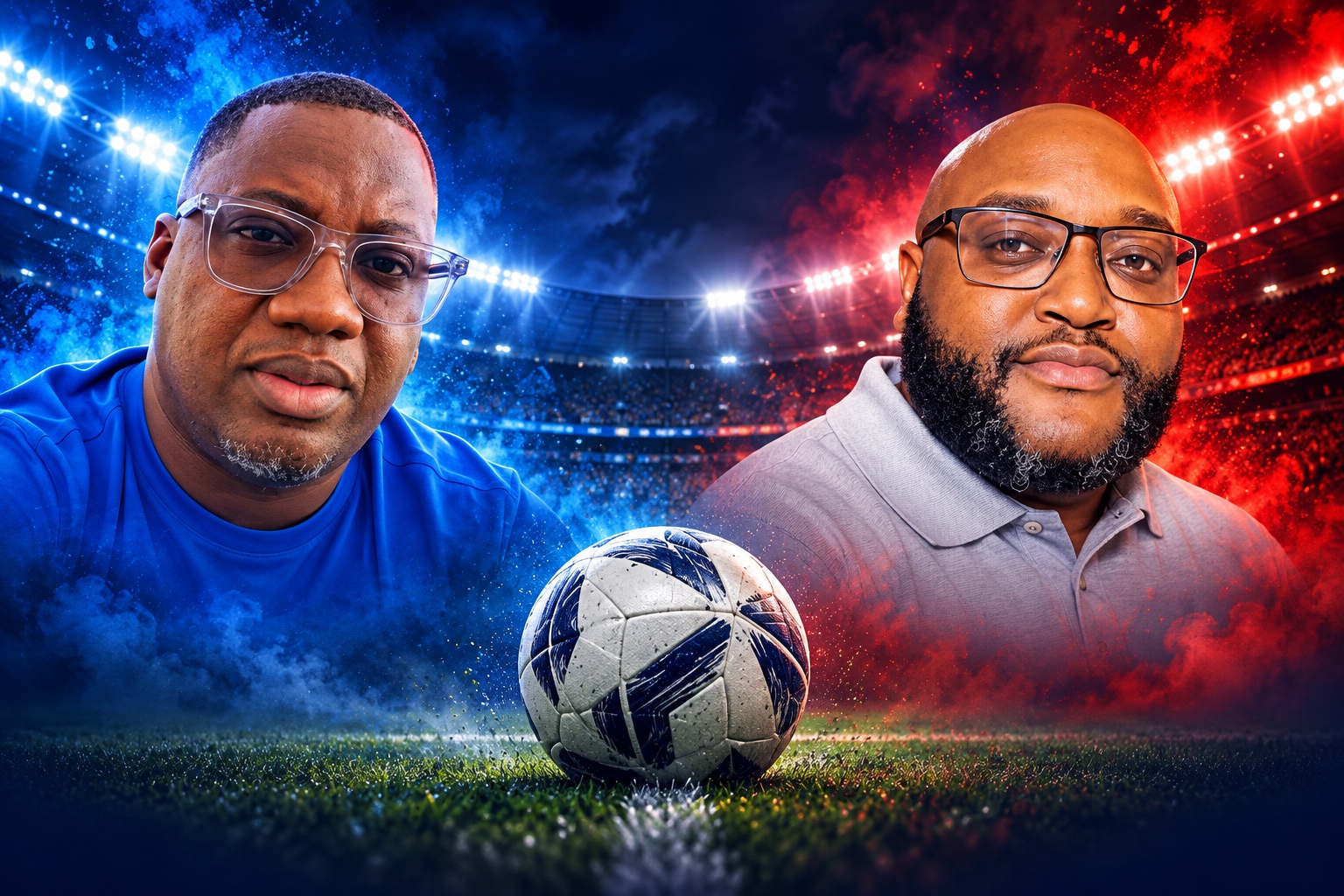 Montagem de Apoca à esquerda e Ataliba, Germz, à direita, num estádio iluminado em azul e vermelho, com uma bola de futebol no relvado.